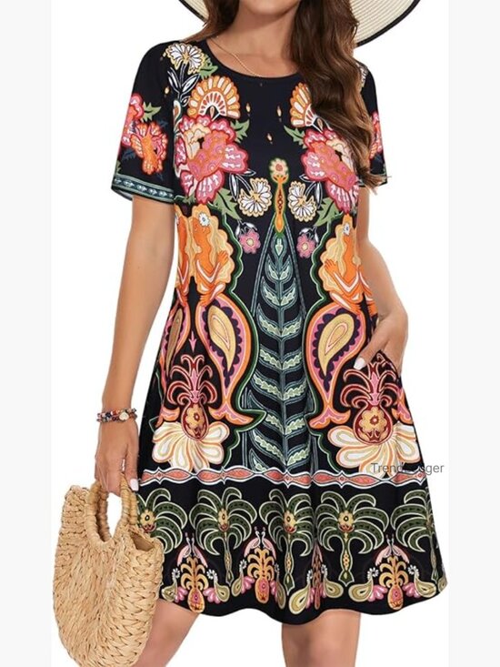 Dresses & Skirts - Casual Floral Sundress with Pockets Short Sleeve Beach Cover Up